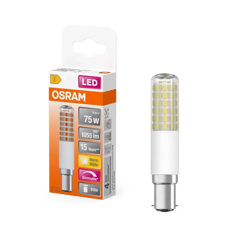 LED izzó T18 cső alakú B15d 8W = 75W 1055lm 2700K Meleg 320° Szabályozható SPECIAL Osram Expressz szállítás