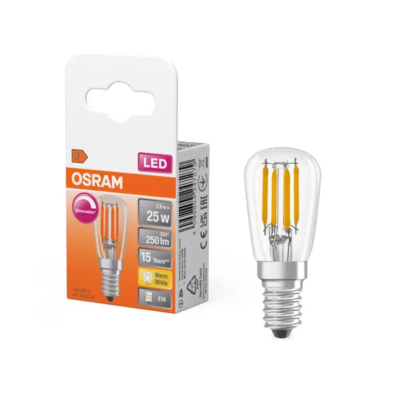 LED izzó T26 cső alakú E14 2.8W = 25W 250lm 2700K Meleg 300° Szabályozható SPECIAL Osram Expressz szállítás