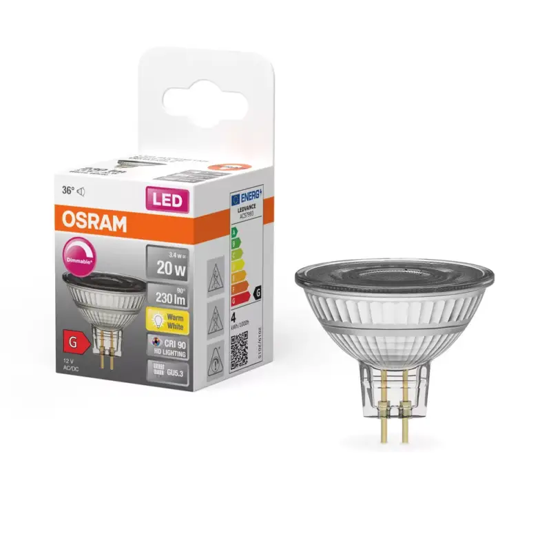 LED izzó MR16 reflektor GU5.3 3.4W = 20W 230lm 2700K Meleg CRI90 12V 36° Szabályozható SUPERSTAR Osram Gyors kiszállítás