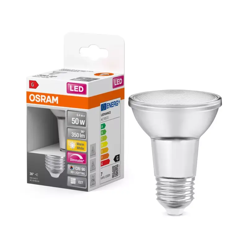 LED izzó PAR20 reflektor E27 6.4W = 50W 350lm 2700K Meleg CRI90 36° Szabályozható SUPERSTAR Osram Biztonságos vásárlás