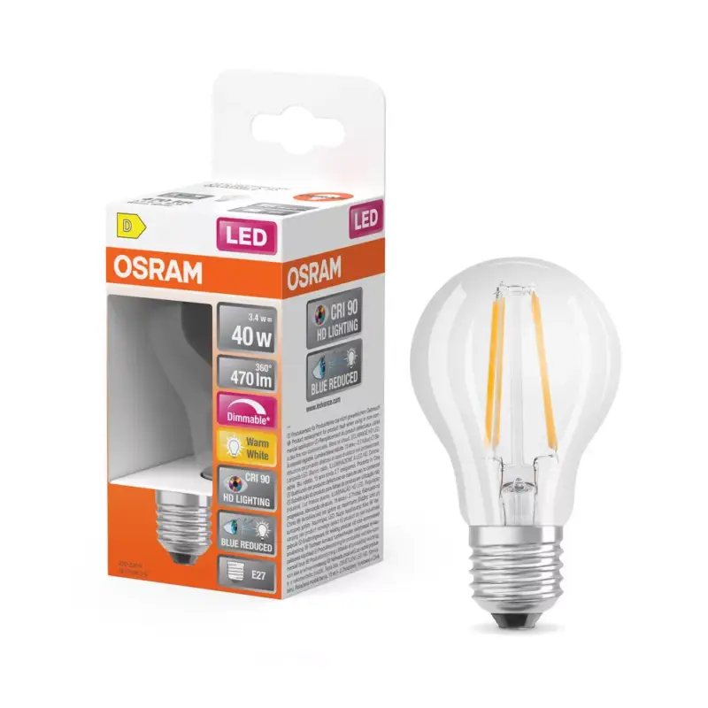Szuper ajánlat LED izzó A60 E27 3.4W = 40W 470lm Meleg 2700K CRI90 300° Izzószálas, szabályozható fényerejű SUPERSTAR PLUS CLASSIC Osram