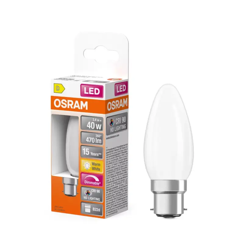 LED izzó B35 gyertya B22d 3.4W = 40W 470lm 2700K Meleg CRI90 300° Izzószálas, szabályozható fényerejű SUPERSTAR PLUS CLASSIC Osram Bestseller