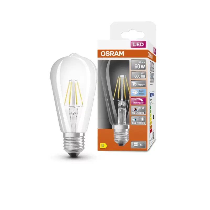 LED izzó ST64 Edison E27 5.8W = 60W 806lm 4000K Semleges CRI90 300° Izzószálas, szabályozható fényerejű SUPERSTAR PLUS CLASSIC Osram Biztonságos fizetés
