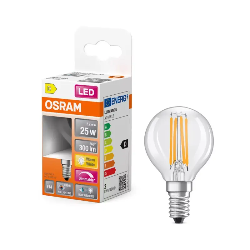 Csak ma LED izzó P45 gömb alakú E14 2.2W = 25W 300lm Meleg 2700K CRI90 300° Izzószálas, szabályozható fényerejű SUPERSTAR PLUS CLASSIC Osram