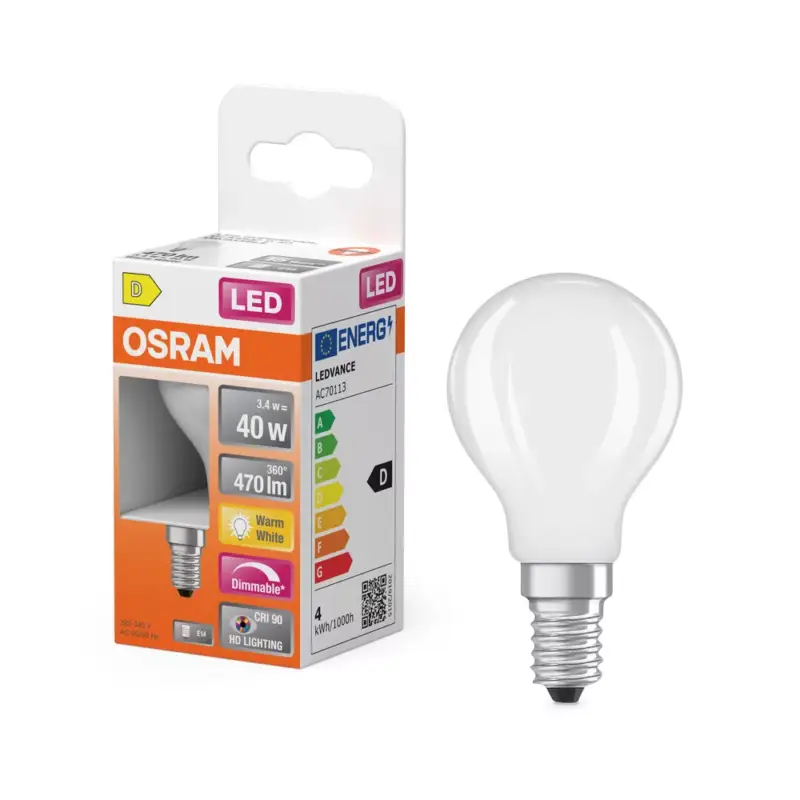 LED izzó P45 gömb alakú E14 3.4W = 40W 470lm 2700K Meleg CRI90 300° Szabályozható fényerejű Filament SUPERSTAR PLUS CLASSIC Osram Gyors kiszállítás