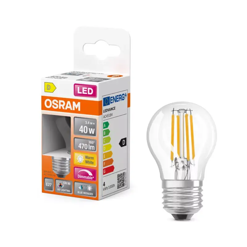 LED izzó P45 gömb alakú E27 3.4W = 40W 470lm 2700K Meleg CRI90 300° Izzószálas, szabályozható fényerejű SUPERSTAR PLUS CLASSIC Osram Szezonális akció