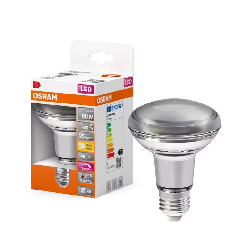 LED izzó R80 reflektor E27 4.9W = 60W 345lm Meleg színhőmérséklet 2700K CRI90 36° Szabályozható SUPERSTAR Osram Outlet