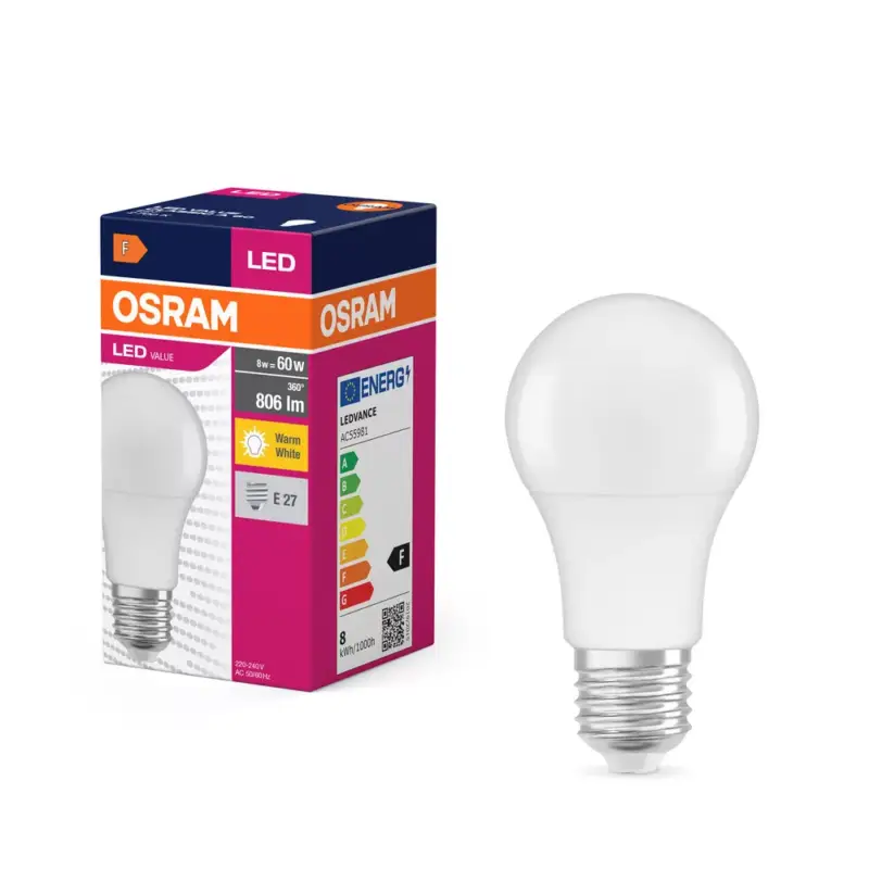 Végkiárusítás LED izzó A60 E27 8W = 60W 806lm 2700K Meleg 150° VALUE CLASSIC Osram