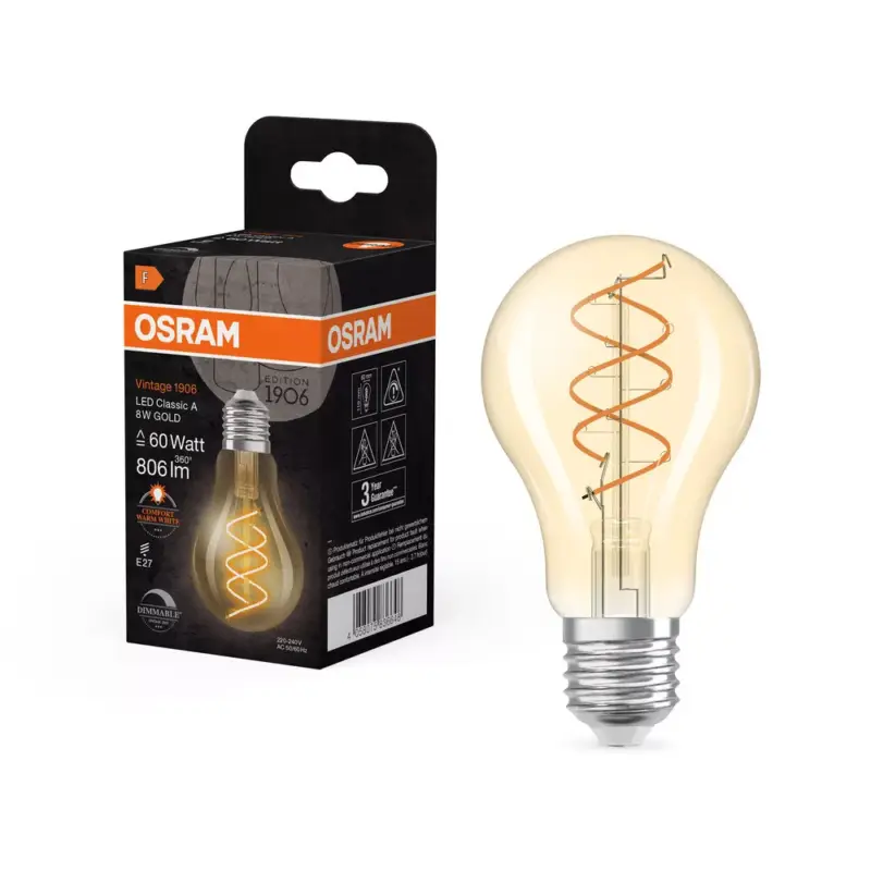 LED dekoratív izzó A60 E27 8W = 60W 806lm 2200K Meleg CRI90 300° Izzószálas, szabályozható fényerővel Vintage 1906 Osram Outlet