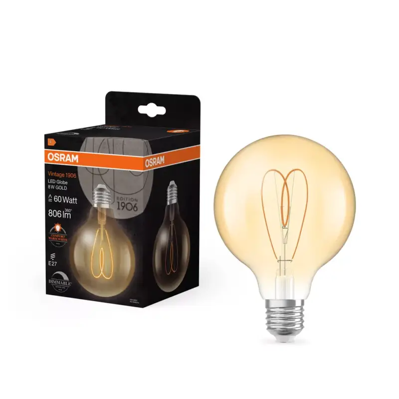 Exkluzív ajánlat LED dekoratív izzó G95 gömb alakú E27 8W = 60W 806lm 2200K Meleg CRI90 300° Borostyánsárga, szabályozható fényerővel Vintage 1906 Osram