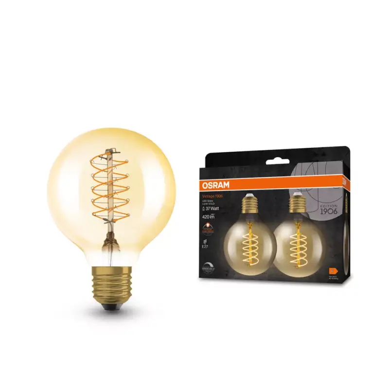 2x Dekoratív LED izzó G80 gömb alakú E27 4.8W = 37W 420lm 2200K Meleg 320° Izzószálas, szabályozható fényerővel, Vintage 1906 Osram Végkiárusítás