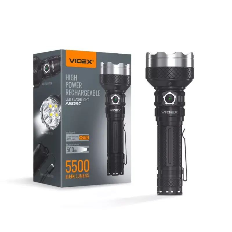Újdonság Újratölthető LED kézi zseblámpa 20W 5500lm 6 üzemmód USB-C vízálló IP68 Videx