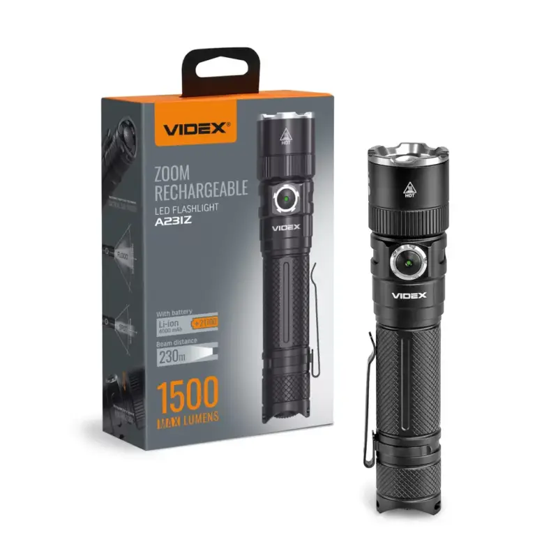 Újratölthető LED kézi zseblámpa 20W 1500lm 6 üzemmód USB-C vízálló IP66 Videx Kedvezményes ár
