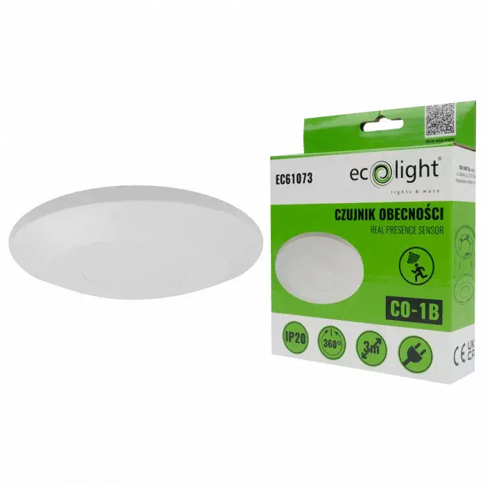 Mozgás- és alkonyérzékelő PIR jelenlétérzékelő, felületre szerelhető, mennyezetre, fehér, 3m, 360° CO, Ecolight Népszerű