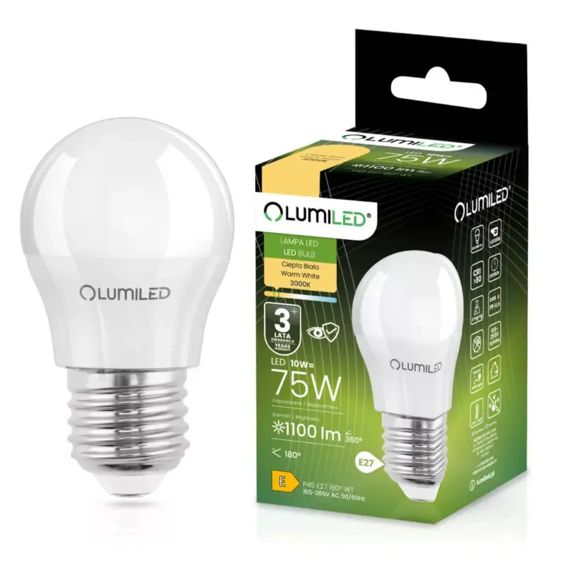 LED izzó E27 gömb alakú P45 10W = 75W 1100lm 3000K Meleg 180° LUMILED Végkiárusítás