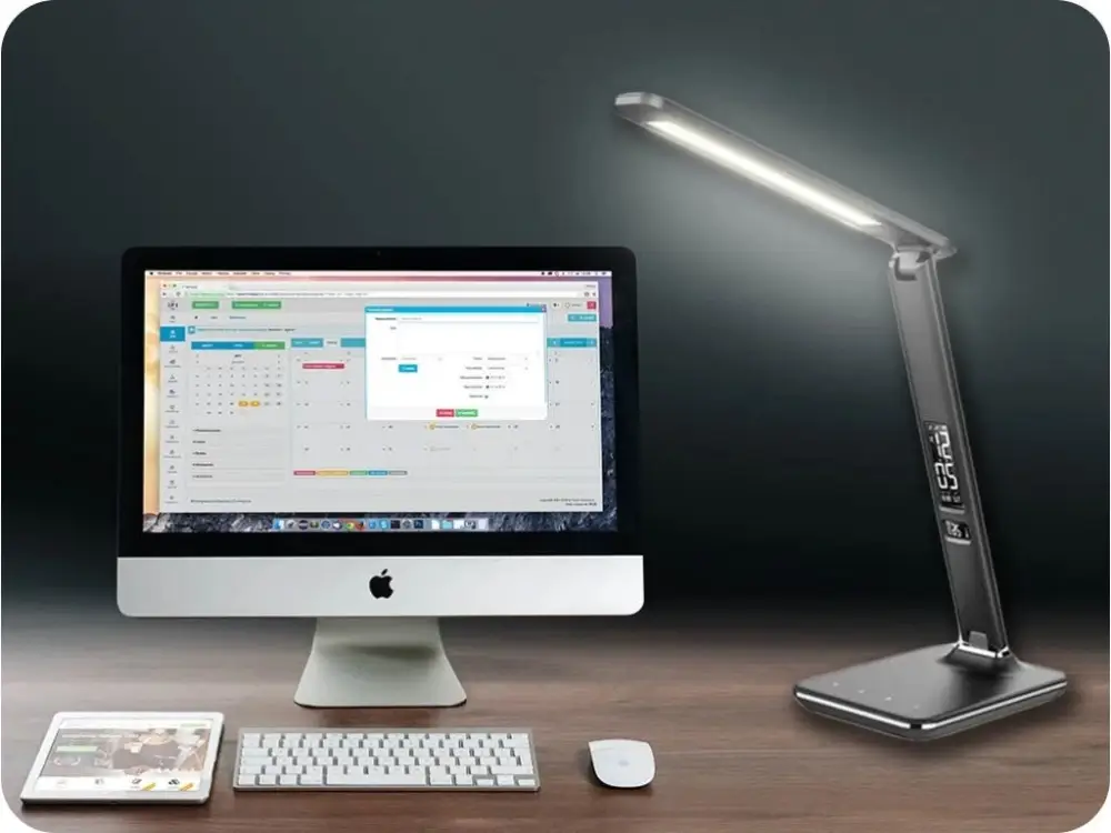 Olcsó LED-es asztali lámpa kijelzővel, 9W, bőr, fekete, hőmérséklet-választó