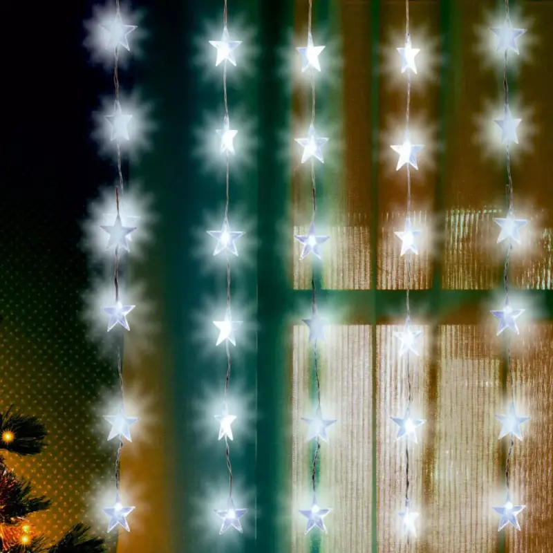Biztonságos fizetés Home KAF 48L LED-es csillag fényfüggöny, 1,5x1 m / 48 db hidegfehér LED csillag figurákban, átlátszó vezeték, hálózati adapter, beltéri kivitel
