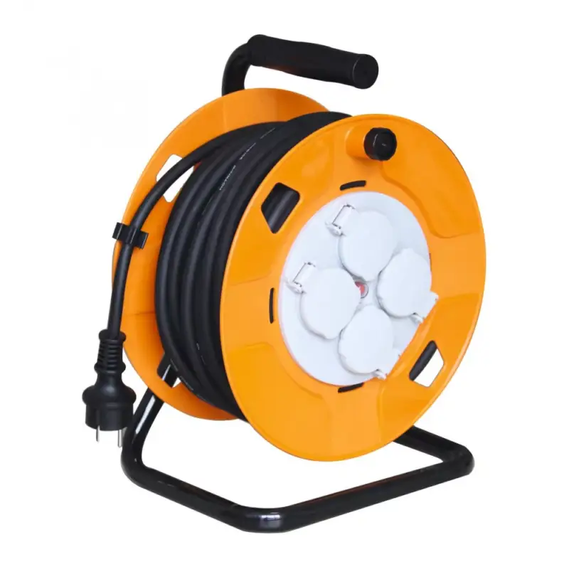 Home HJR 10-25/1,0 kábeldob, 25 m, fém talp, IP44-es védelem, H05RR-F 3G1,0 mm2 gumi kábel, max. 2300 W, 4 aljzat takarófedéllel, védőkapcsoló Kedvezmény