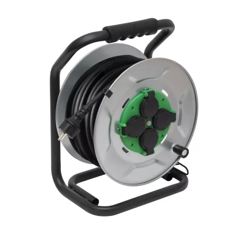 Vedd meg online HOME HJRM2025 fém kábeldob, 25 méter, fém talp, H07RN-F 3G2,5 mm2 vezeték, 250 V~ / max. 16 A, túlmelegedés elleni védőkapcsolóval